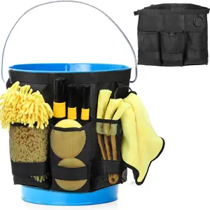 5 Gallon Bucket Tool Organizer, Adjustable Bucket Storage Bag with Mesh Compartments, Durable Black Garden Tool Caddy Swivel Seat Pouch for Ice Fishing, Car Cleaning, Hiking