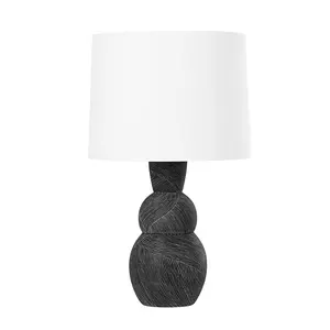 Miles Ceramic Etched Black Table Lamp With Sculptural Forged Iron Base And White Linen Shade