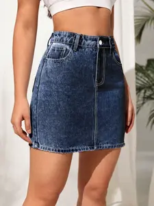 Women's High Waist Elastic Denim Mini Skirt, Pockets, Versatile Casual Elegance, Perfect Summer Choice, Slim-Fitting Jean Skirt