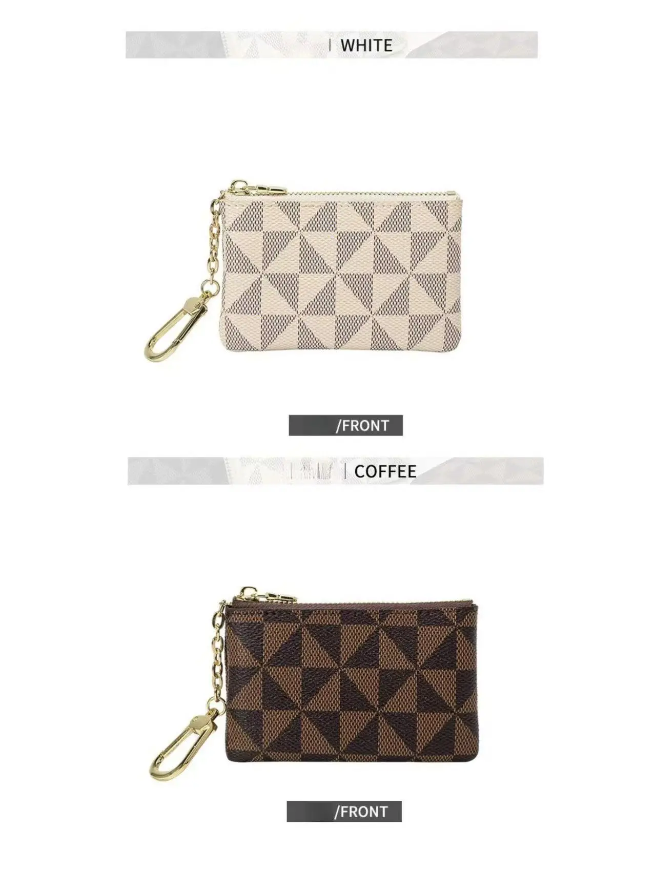 Minimalist wallets for women, 2-piece solid-color set with leather zip wallet, coin purse, and earphone pouch with gold accents