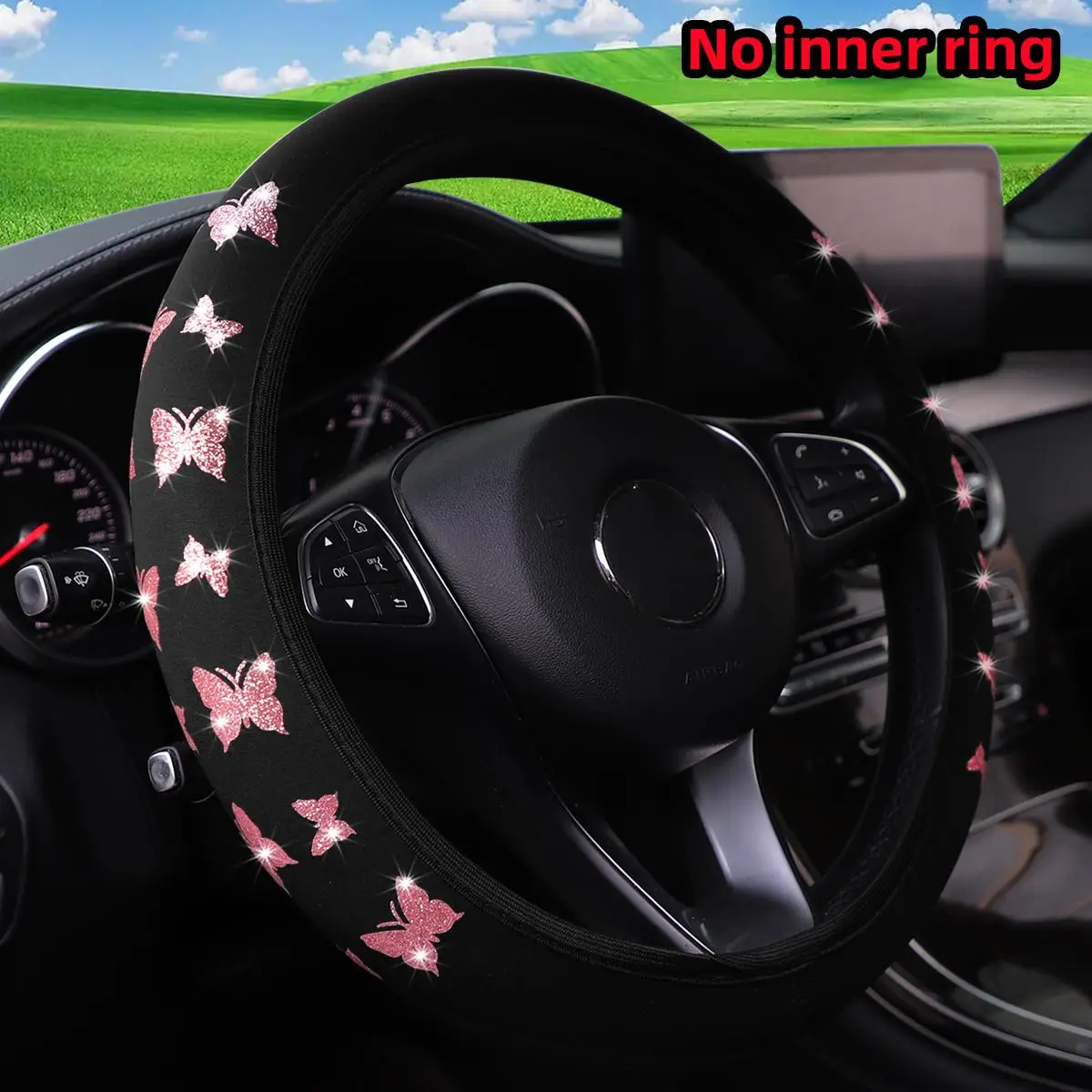 Bling Butterfly Pattern Car Steering Wheel Cover, Waterproof Non-slip Steering Wheel Protector for Women & Girls, for 14.5-15 Inches Automotive Steeri