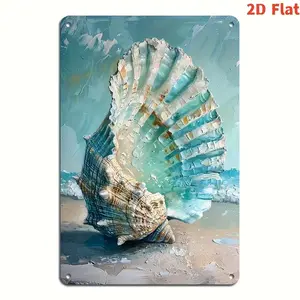 Vintage Giant Conch Seashell Beach Metal Tin Sign Thick Impasto Ocean Oil Painting Distressed Coastal Wall Plaque, Nautical Beach House Bathroom Poolside Cottage Wall Art DecorTextured Impasto Giant Conch Shell Tin Sign Beach Ocean Metal Wall Decor