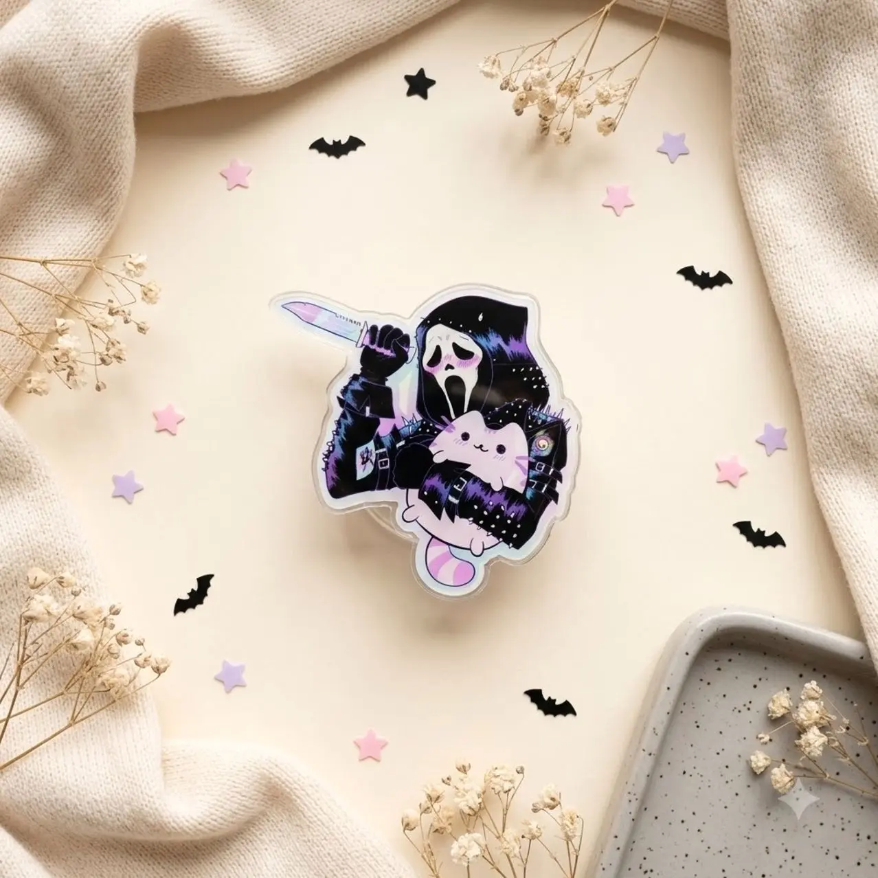 Creepy Cute Pink Cat Mask Acrylic Phone Grip, Pastel Goth Magnetic Phone Holder, Spooky Gothic Expandable Phone Stand, Kawaii Aesthetic Gift for Friends