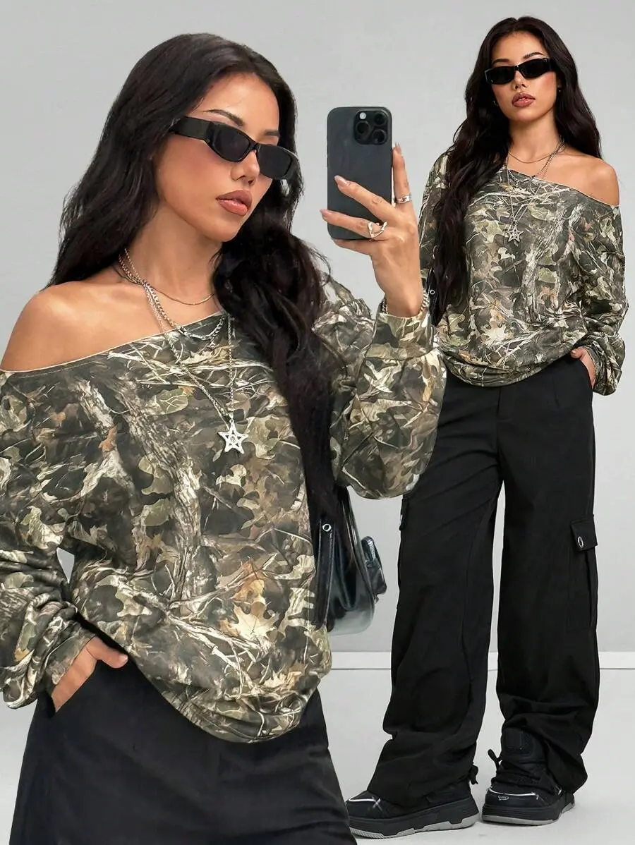 Y2K Graphics Stretchy Off The Shoulder Sweatshirt