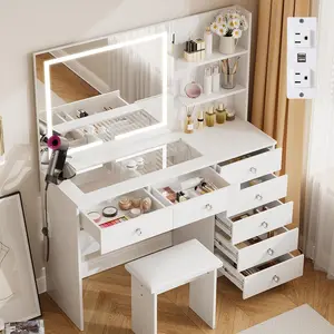 VOWNER Vanity with Mirror and Lights - 47" Glass Top Makeup Vanity Desk with 7 Drawers, 3 Storage Shelves and Outlet, 3 Color Lighting Modes Adjustable Brightness, Makeup Table for Bedroom (White)