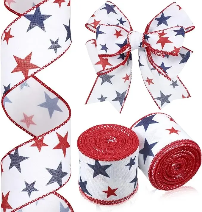 2 Rolls Stars Wired Edge Ribbon 4th of July Red White Blue Ribbon Independence Day Flag Day Ribbon for Wreaths 2.5 Inch Patriotic Fabric Ribbons for DIY Independence Day Party Decorations, 20 Yards