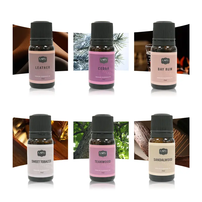 6x10ml Scented Aroma Oil Set - Candle Ready, Diffusion Use Home Fragrance Oils with Cedar, Sandalwood, Bay Rum, Teak, Leather Scents