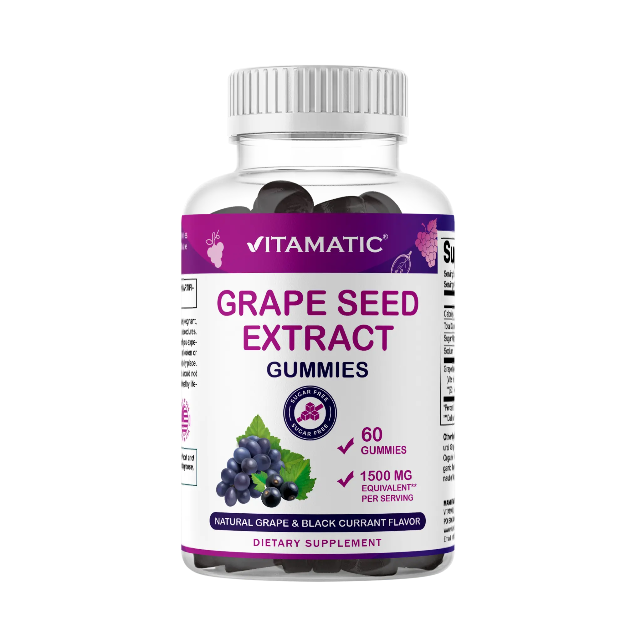 Vitamatic Grape Seed Extract Vitamin Gummies, 1500 mg per Serving, 60 Count, Natural Flavor, Sugar-Free, Lactose-Free, Chewable Dietary Supplement Made in USA, Antioxidants Vitamins Supplements, Zero-Sugar Vitamins Supplements