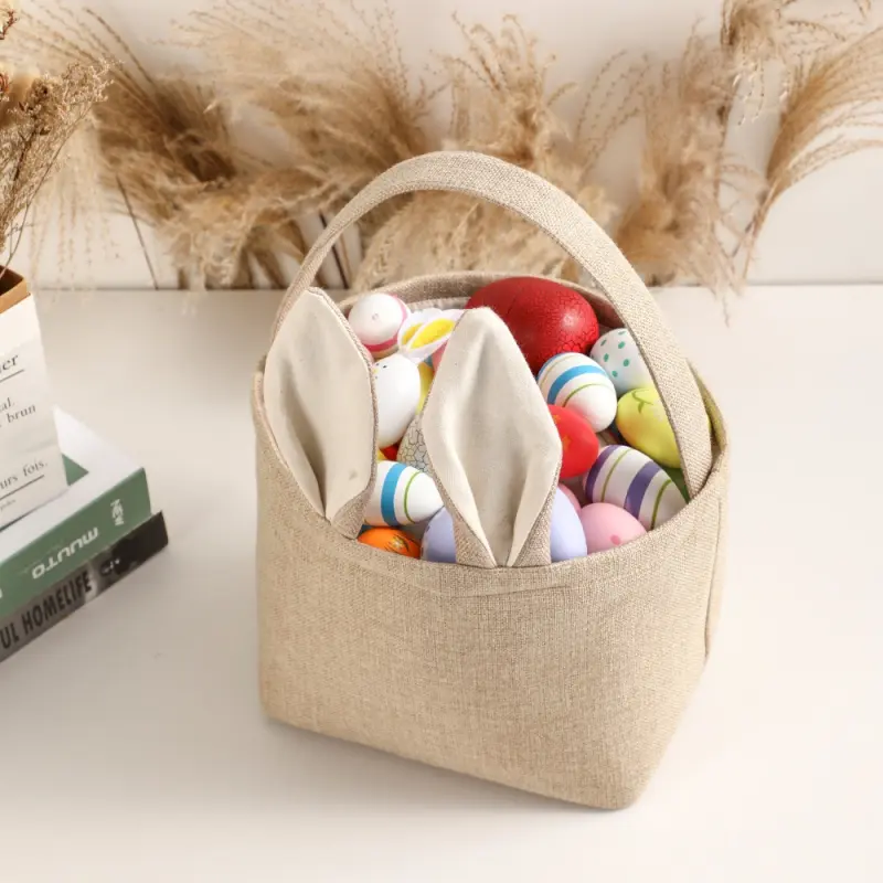 Easter Bunny Linen Storage Basket – Long Ears & Fluffy Tail  Hand-Woven Rabbit Bucket for Kids  Spring Decor Egg Hunt Basket  Holiday Gift Bag  Nursery Organizer Home Storage Bin
