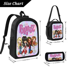Bratz Stuff backpack, with lunchbox and pencil case included, 3-in-1 design, suitable for boys, girls and teenagers, lightweight and spacious, made of 600D Oxford cloth, adjustable shoulder straps, and comfortable mesh back padding.