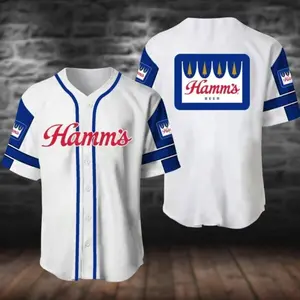 White Hamm's Beer Baseball Jersey, Baseball Jersey Shirt, Classic Button Front Style, Trendy Streetwear