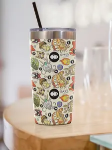 Premium Insulated Stainless Steel Studio Ghibli Drinkware Set - 40oz Tumbler with Handle, 20oz Tumbler with Straw & Lid, Totoro No Face Calcifer Anime Fan Gift, Insulation