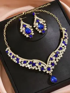 Vintage Sapphire Blue Rhinestone Jewelry Set, Luxurious Palace Style, Women's Party Evening Wear, 3 Piece Accessories