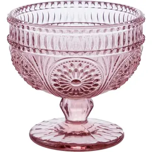 Vintage Flower Embossed Glass Footed Dessert Bowl Ice Cream Bowl Trifle Bowl Salad Bowl Candy Cake Bowl for Home Party Wedding 9oz-Pink