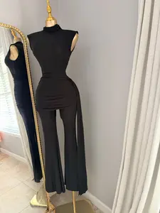 Elegant Black Bodycon Dress with High-Waisted Flared Pants jumpsuit for Women