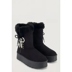 Pearl Bow Lace-Up Winter Boots