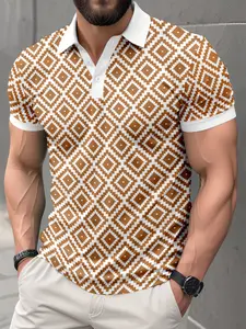 Men's Aztec Diamond Pattern Polo Shirt, Casual Loose-Fit Short Sleeve, Breathable Golf Shirt, Lightweight Daily Wear