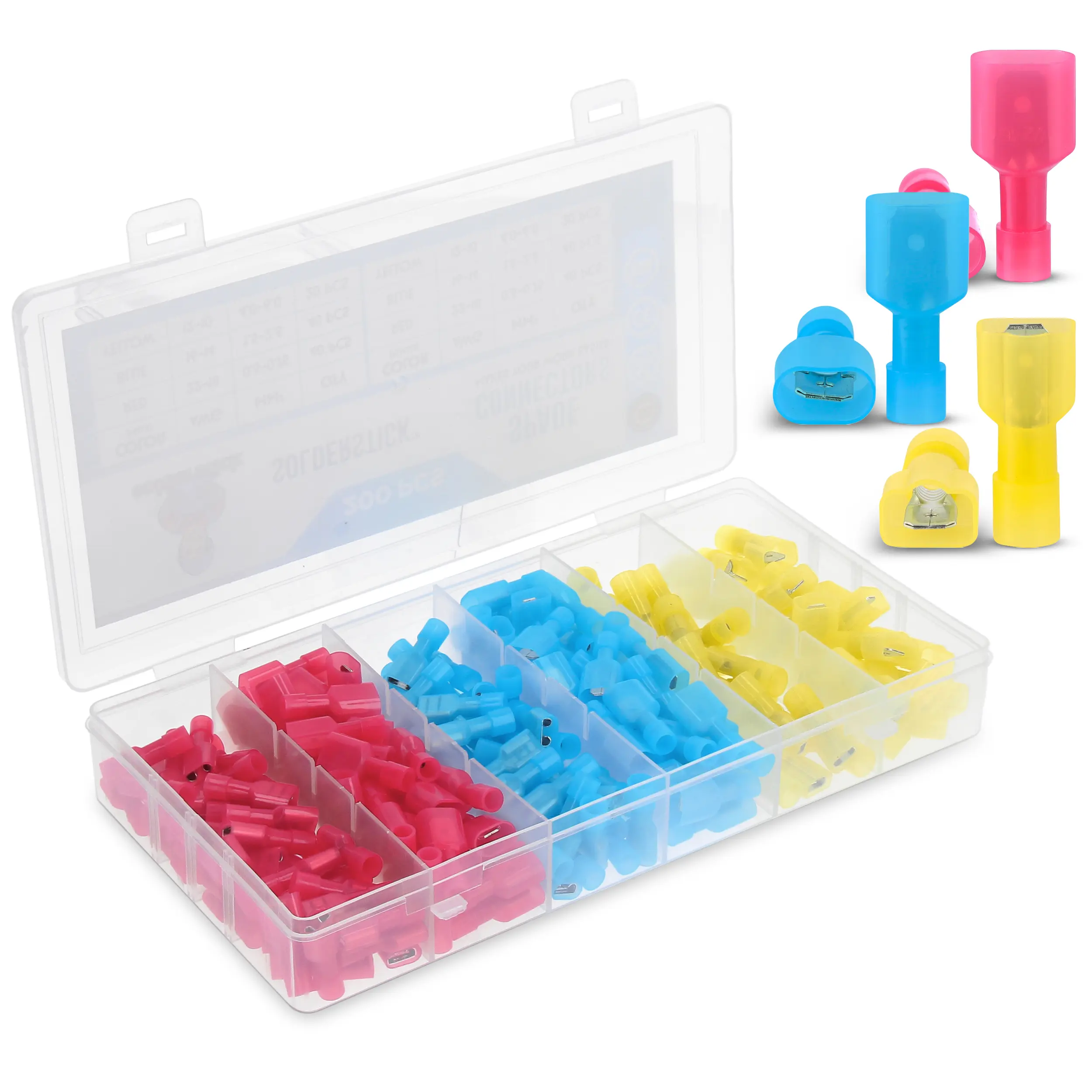 Solderstick Spade Connectors 100pcs Kit - Assorted Colors in Clear Storage Box for Easy Organization