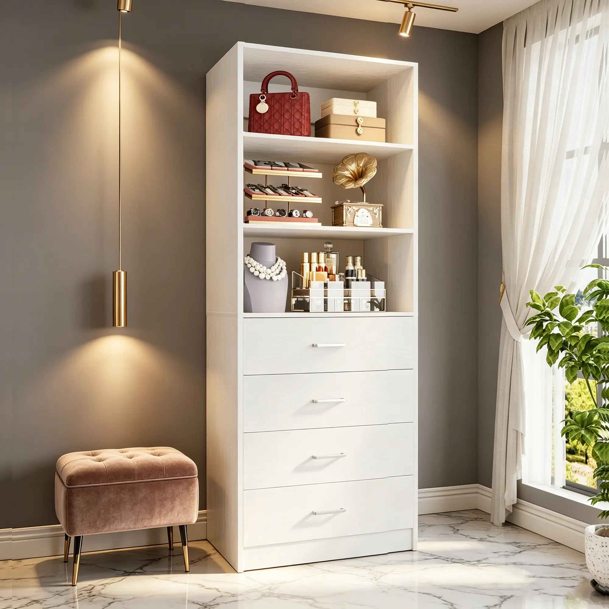 Aheaplus 21.3" W Closet System with 4 Drawers, Wood Walk-in Closet Organizer System, Modular Storage Unit, Small Closets Wardrobe Rack，Space-Saving