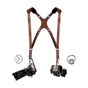 Coiro Camera Harness for 2 Cameras Slim Dual Shoulder Leather Camera Strap Camera Straps for Photographers with Safety Tether Adjustable Size,Slim/ Color Brown