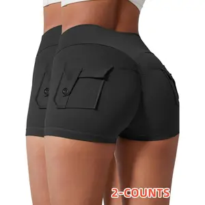 Women's Solid Button Pocket Sports Shorts, High Waist Comfy Breathable Ruched Skinny Sports Shorts for Yoga Gym Workout Running, Ladies Sportswear for Fall & Winter, Breathable Fitness Shorts