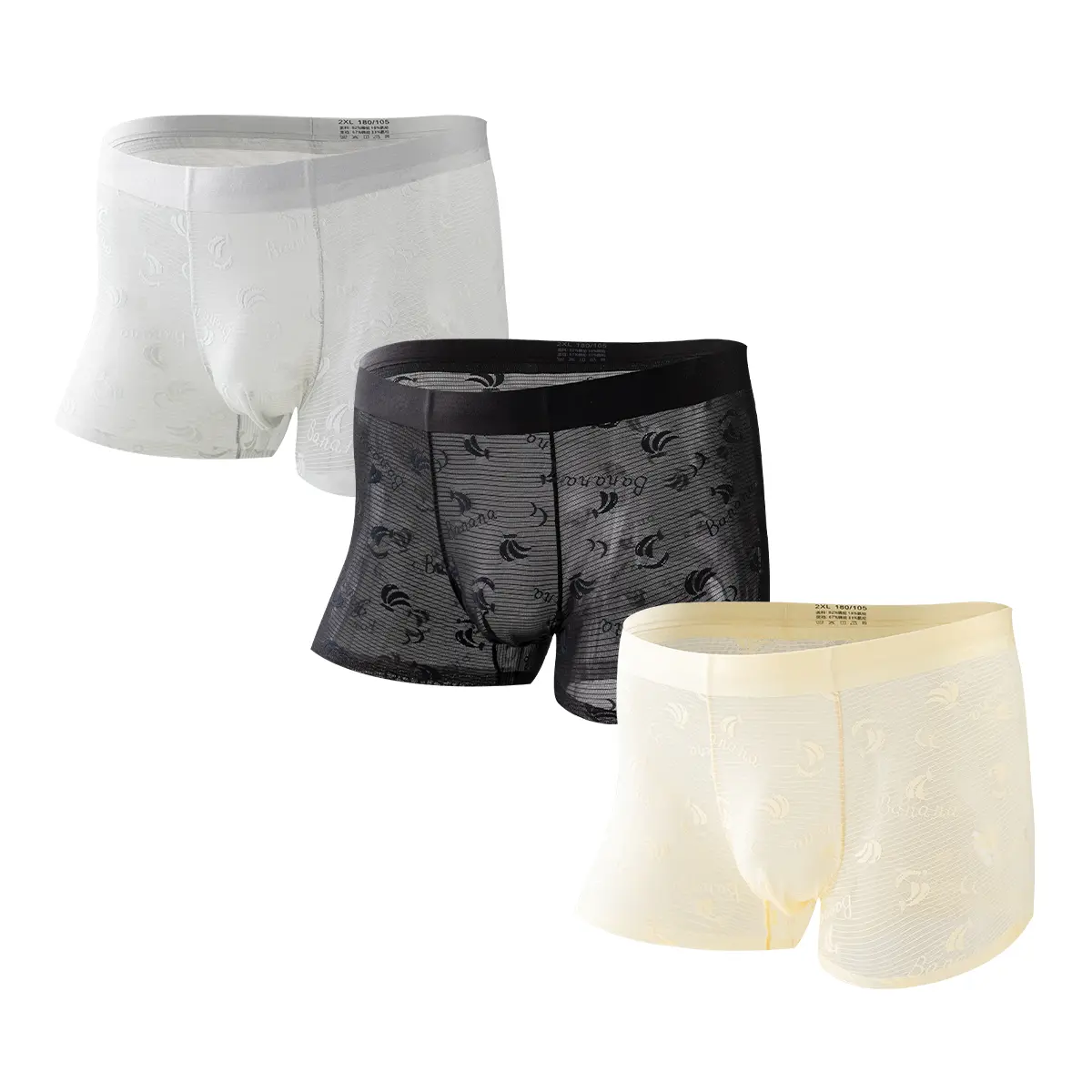 NEXFORMX Men's 3 Pack Banana Pattern Camellia Scent Lace Boxer Trunks Underwear Summer Lightweight Breathable Mesh Low Rise Soft Stretch Underpants