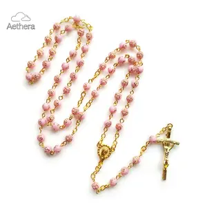 Aethera 6mm Rose Beads Rosary Necklace with Jesus Crucifix for Cross Pendant Necklaces Catholic Prayer Gifts Men Women Jewelry Alloy Acrylic Beads 16cm Pendant 72cm Chain