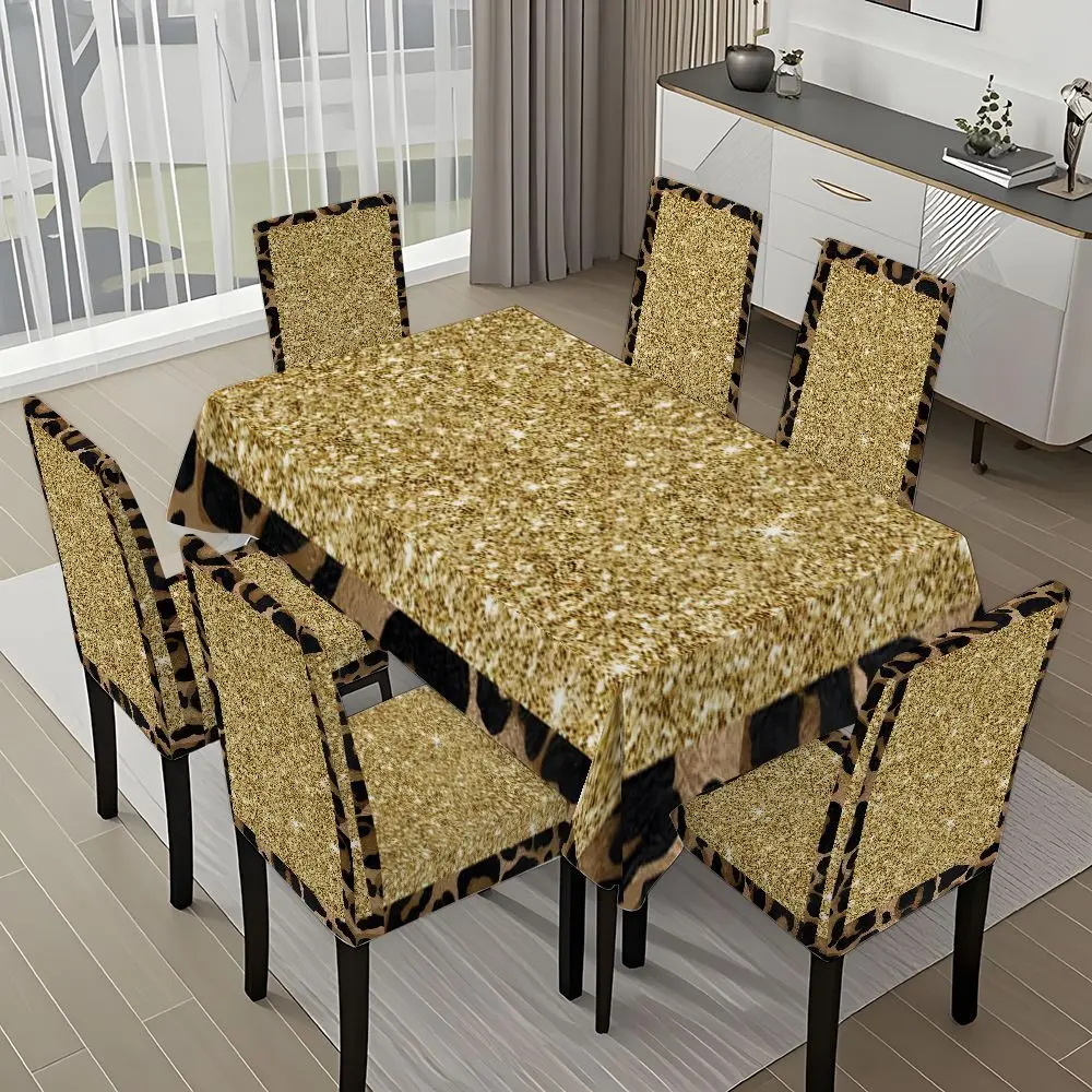 5/7-piece 2D Flat Printing Black and Gold Leopard Print with Gold Glitter Printing Pattern Tablecloth and Chair Cover Set, for dining table and chair decoration, perfect for home, holiday gatherings, restaurants, and parties.