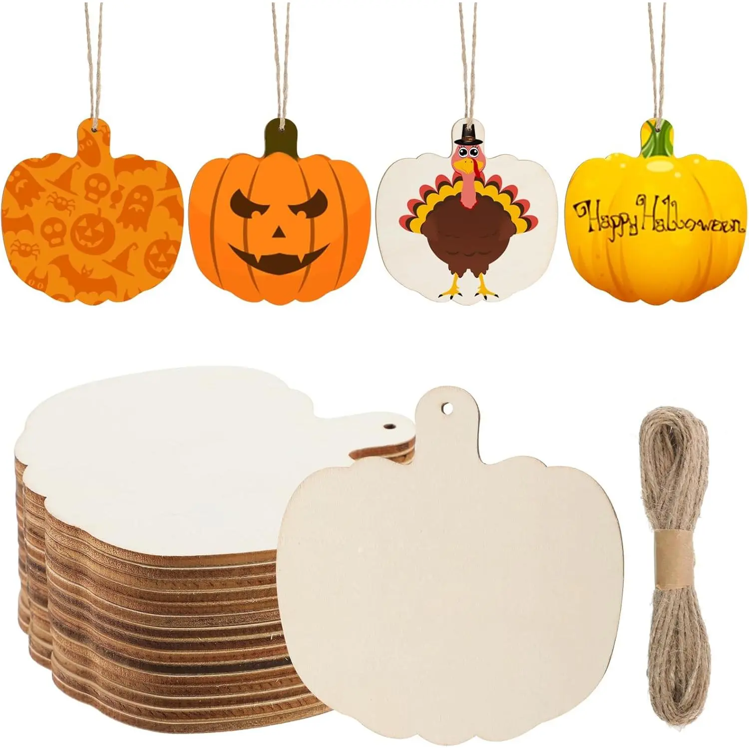 60 count Wooden Pumpkin Cutouts Unfinished Pumpkin  Slices Blank Fall  Cutouts with Hole  Thanksgiving Hanging Ornament with Rope for DIY Crafts Halloween Autumn Harvest Decor,3.86x3.94