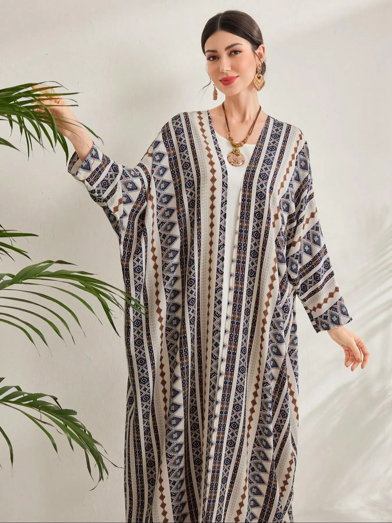 Women's All Over Print Long Sleeve Open Front Kimono, Casual Modest Printed Kimono Robe for Daily Wear, Ladies Islamic Clothing for All Seasons