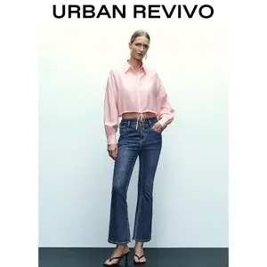 URBAN REVIVO Women's Chic Long-Sleeve Open-Front Blouse Top - Adjustable Mint Mambo Drawstring Tie, 2025 Elegant Versatile Clothes, Ideal for Pairing with Skirts & Jeans, UWG240087 Womenswear