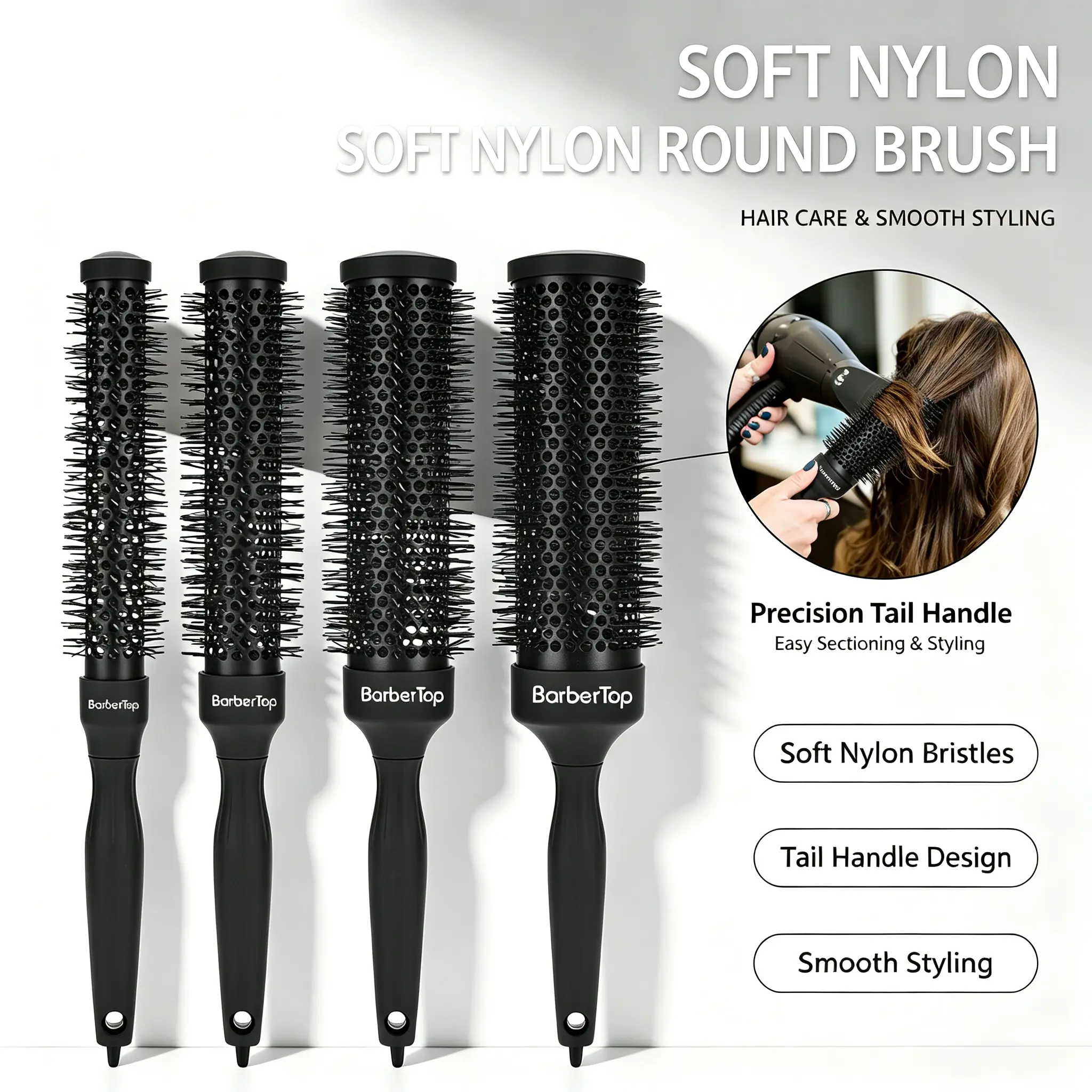 BarberTop 4-Size Thermal Round Brush Set l Aluminum Barrel for Blowout Volume & Curls I Ant-Static Nylon & Tail Needle for Salor/Home