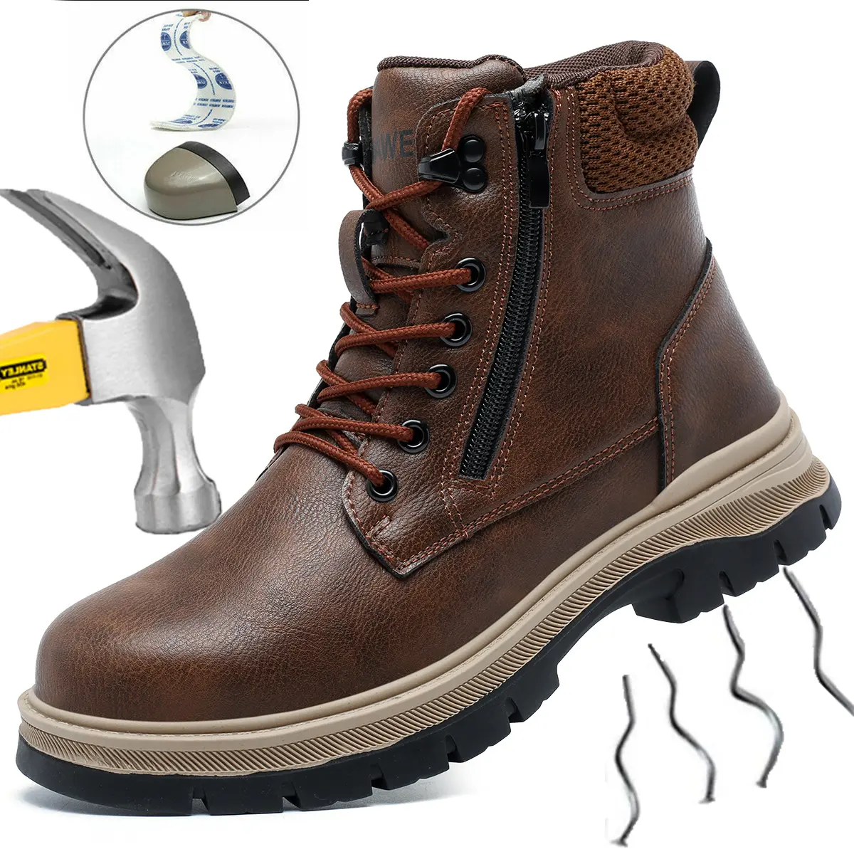 Men's Water Resistant Synthetic Fabric Safety Work Boots with Steel Toe, Anti-Smash, Anti-Puncture, Wear-Resistant, Lace-Up Protective Footwear for Construction Sites, Outdoors
