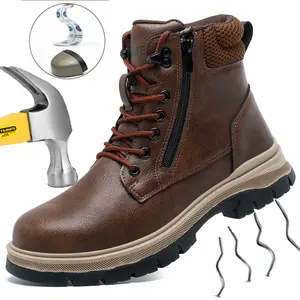 Men's Water Resistant Synthetic Fabric Safety Work Boots with Steel Toe, Anti-Smash, Anti-Puncture, Wear-Resistant, Lace-Up Protective Footwear for Construction Sites, Outdoors