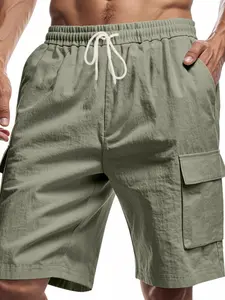 Men's  Spring ＆ Summer Outfits Pure Color Linen Cargo Shorts, Elastic Drawstring Waist, Multi-Pocket Design, Lightweight Breathable Fabric, Loose Fit Beach Shorts for Summer Vacation & Resort Wear, Casual Drawstring Shorts