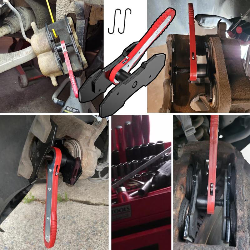 Piston Compressor Kit with 2 Steel Plates & 4 Caliper Hooks,Brake Caliper Compression Tool with 360° Ratchet,  Fits Single Twin Quad Sextuplet Disc Brakes, Red Brake Caliper Press Tool