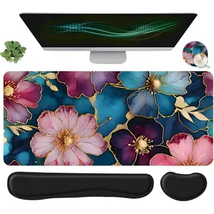 4pcs Luxury Gold Accent Gradient Floral Design Mouse Pad Set, Mouse Pad with Keyboard Wrist Rest & Coaster, Ergonomic Wrist Support, Computer Mat Mouse Pad Coaster Suitable for Home Office Gaming