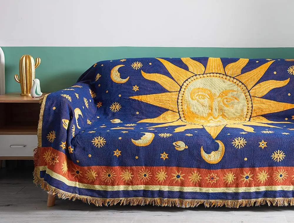 70"x90" Sun and Moon Blanket Celestial Couch Sheet Cover Witchy Hippy  Decoration, Double Sided Cotton Woven Hippie Throws Wicca Blankets for Couch Bed Recliner Decor - Yellow/Blue