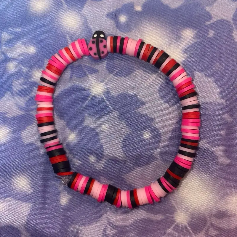 Lady Bug Bracelet - Colorful Beaded Design with Pink and Black Stripes, Featuring Lady Bug Charm
