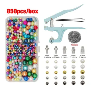Hand Pressure Pearl Punching Machine Tools with 850pcs Beads, 1 Set Portable Manual Pearl Setting Machine, Beads Rivet Claw Nail Fixing Tool for DIY Clothing Sewing Supplies Crafts