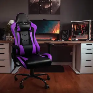 Purple Ergonomic Gaming Chair - 330LBS Capacity, 90-180° Full Recline, 360° Swivel, Carbon Fiber PU Leather, Lumbar/Headrest Support for Home/Game Room