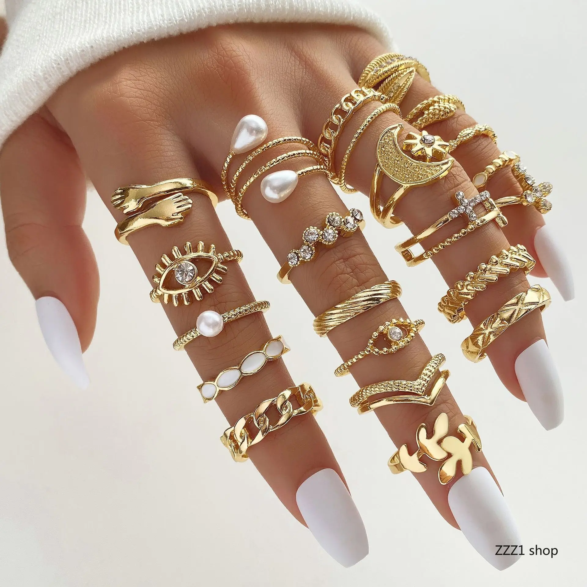 Women's Boho Aesthetic Gold Stacking Rings Set - Evil Eye, Pearl, Crystal, Moon, Star, Cross, Hugging Hands Knuckle Jewelry for Daily Sports & Outdoor Activities