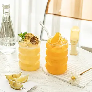 High Borosilicate Glass Coffee Cups, 350ML/11.8oz, with Straw, Ripple Shape Vintage Drinking Cup, Perfect Gift for Water, Tea, Juice, Milk, Vibrant Glass Cups