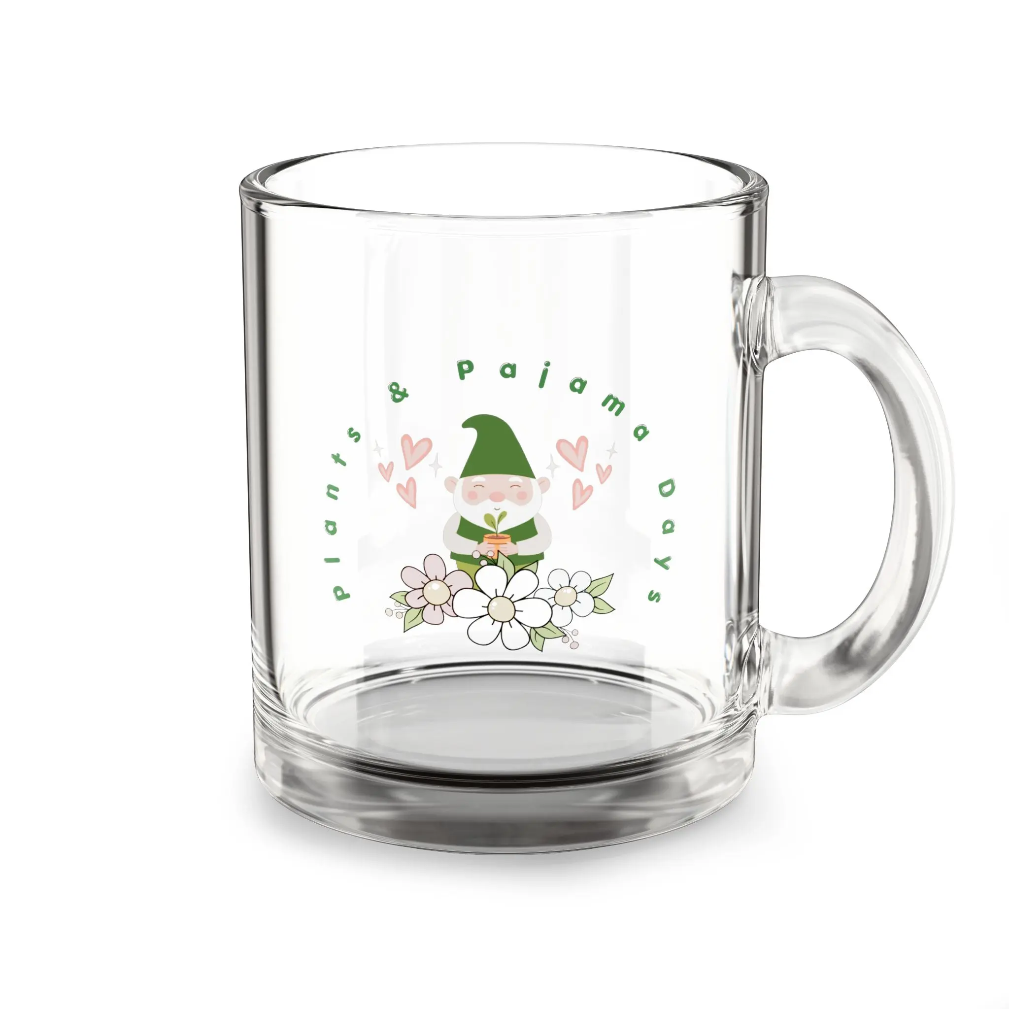 10oz Glass Mug – Cute Gnome Floral Coffee Cup (Pastel Hearts)