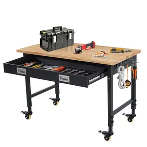 Garvee 48''X24'' Adjustable Workbench, Heavy-Duty Workstation, 2000 LBS Load Capacity Hardwood Worktable with Power Outlets, Locking Wheels & Metal Frame, Tool Table for Garage, Workshop, Home, Office