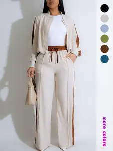 Two-piece Set Women's Patchwork Top & Wide Leg Pants Set, Casual Style Fitted Long Sleeve Outerwear Jacket & Pants for Everyday Wear, Ladies Summer Clothes Outfit