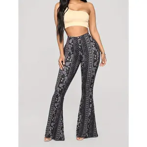 100% Polyester Women's High Waist Sexy Flare Pants - Paisley Print, All Season, Casual Bell Bottoms with Knitted Fabric Bohemian Womenswear