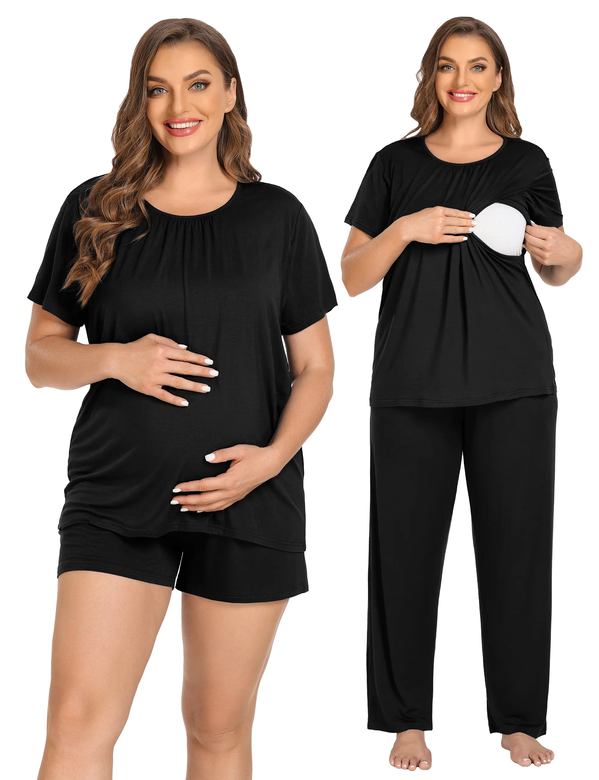 SWOMOG Women's 3-Piece Maternity Pajama Set - Maternity Outfits with Double Layers, Functional Pockets for Nursing Use, Shorts, Friends, Pregnancy, Casual, Breastfeeding Clothes, Rayon, Long Pants, Loose-Fit, Button, Modal Blend, Side Pockets, Check Size,