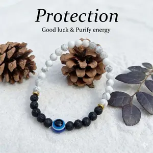 Natural Volcanic Stone & Howlite Guardian Bracelet, Purifying and Protective Energy Bracelet Enhances Defense and Boosts Good Fortune Minimalist Style Jewelry, Unisex, April Birthstone, Gift for Mother'sDay / Teacher's Day / Nurses' Day