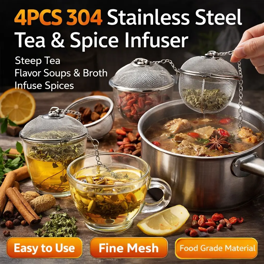 4-Size 4-Pack Stainless Steel Tea Strainer Infuser Set with Locking Clasp Design, XXL Mesh Ball, Long Chain with Hook, Reusable Fine Filter Kitchen Tool for Loose Leaf Tea, Spices